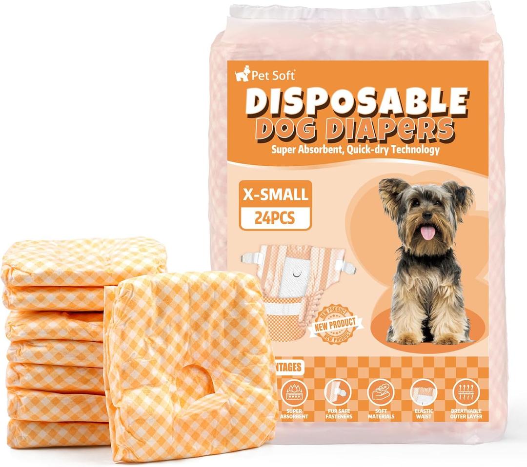 Pet Soft Female Dog Diapers - Disposable Puppy Diapers for Dogs & Cats, Ultra Absorbent Doggy in Heat Period or Urine Incontinence, 24pcs (XS, Orange)