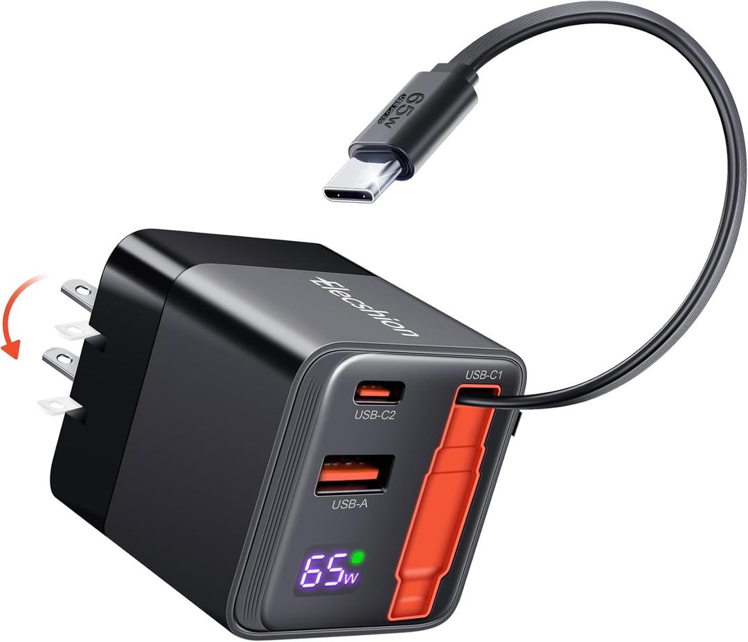 65W Retractable Wall Charger, USB C Charger Block Built-in Type C Cable & Dual Port, PD PPS Fast Charging GaN Power Adapter Travel Charger for MacBook,Lenovo IdeaPad,iPhone 16 Pro Max,Galaxy S24