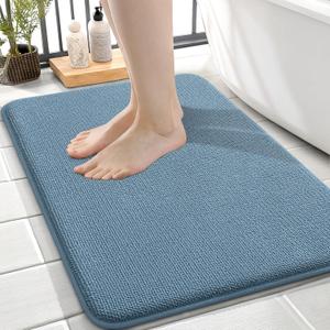 OLANLY Thick Memory Foam Small Bathroom Rugs 24x16, Extra Soft Absorbent Bath Rug, Quick Dry Bath Mat, Non-Slip, Machine Washable Carpet for Bathroom, Tub and Shower, Home Decor Accessories, Airy Blue