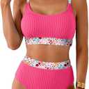 Herseas Women's Textured Bikini Sets Floral Print Trim Scoop Neck Swimsuits High Waisted Bathing Suits, M