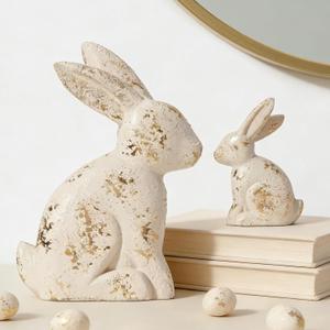 DN DECONATION Easter Decorations White & Gold Bunny Decor Rabbit Figurines, Wabi Sabi Easter Bunny Statue Set of 2 for Spring Tabletop Home Decor Farmhouse Shelf Mantel, Pressed Wood Sculpture