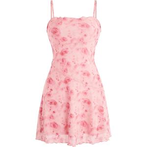 Verdusa Women's Mini Dress Floral Spaghetti Strap Mesh Dresses Going Out Festival Concert Outfits Grunge Gothic Clothes (Pink) 
Small