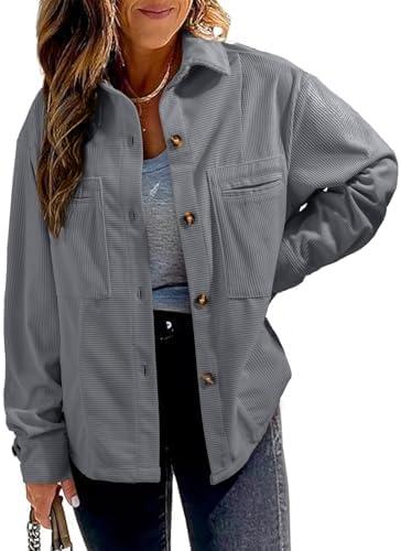 EVALESS Womens Corduroy Jackets Fashion Long Sleeve Button Down Shacket Shirt Jacket with Pockets Fall Outfits 2024 Size Small