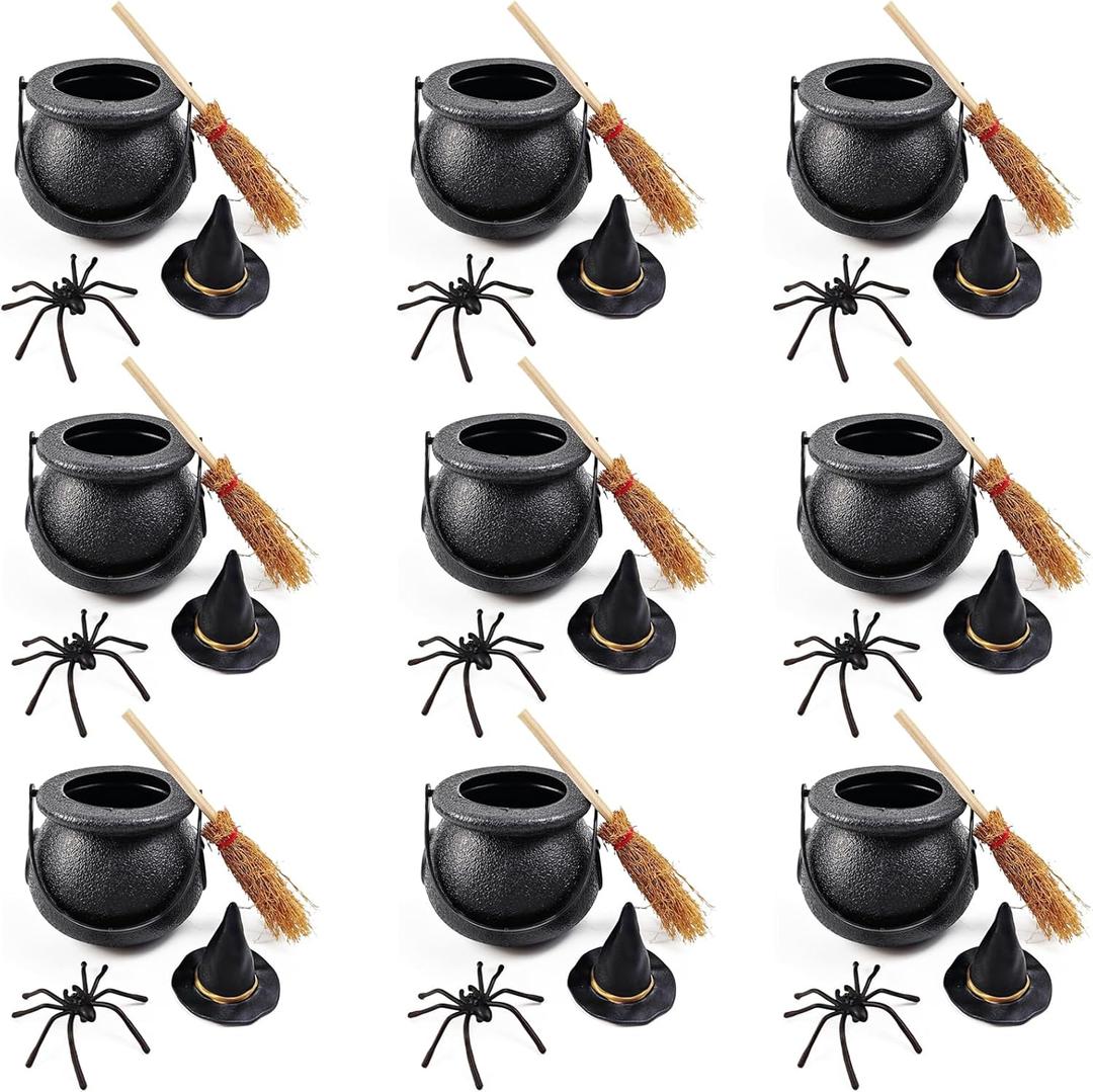 ROYHOO 48PCS Halloween Mini Witch Cauldron Set- 12 Pack Small Plastic Black Candy Cauldron with Spider, Broom, Witch Hat for Halloween Dollhouse Craft Accessories Table Decoration Supply