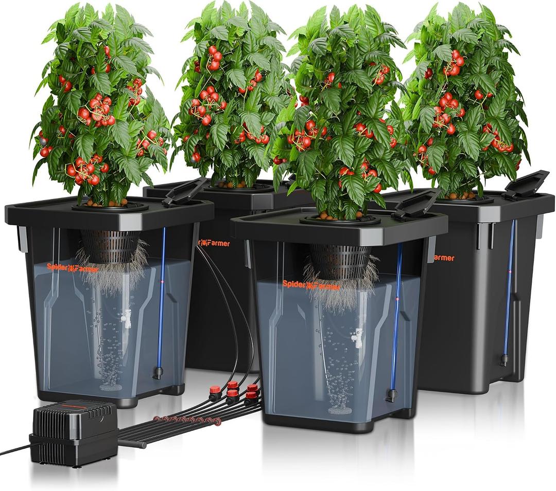 Spider Farmer DWC Hydroponics Grow System with 7-Gallon Deep Water Culture, New Triangular Cover Design, Recirculating Drip Garden System with Top Drip Kit, 11W Air Pump, 4 Buckets