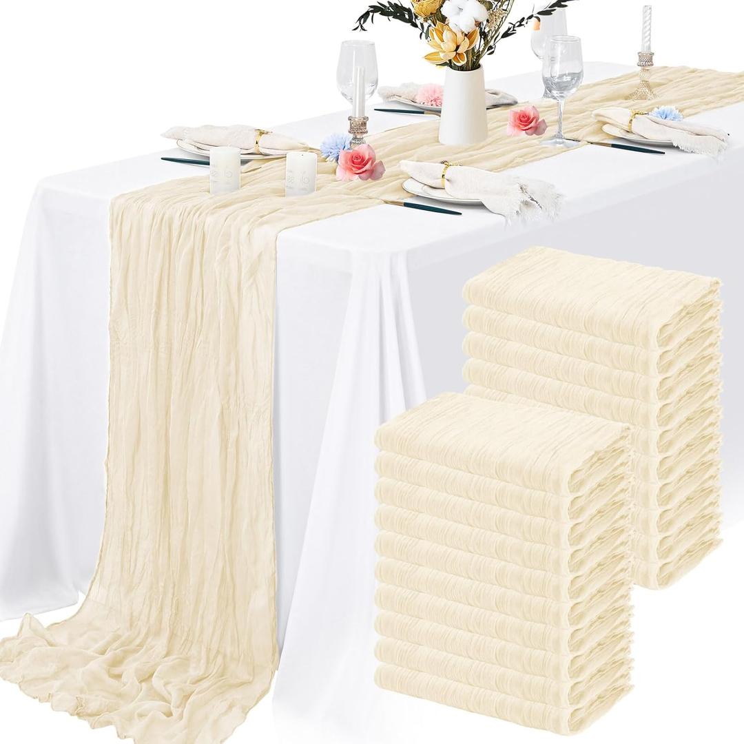 20 Packs Cheesecloth Table Runner 10FT Long Boho Gauze Fabric Table Runner Vintage Rustic Sheer Runners for Wedding Party Bridal Baby Shower Table Decorations (Ivory )