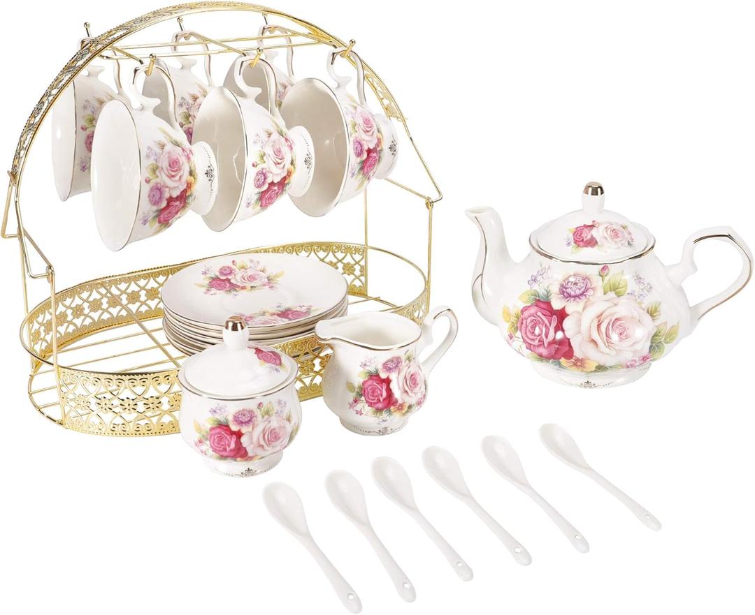 15 Piece European Ceramic Tea Sets,Bone China Coffee Set with Metal Holder,Colorful Rose Painting Pumpkin Coffee Tea Pot