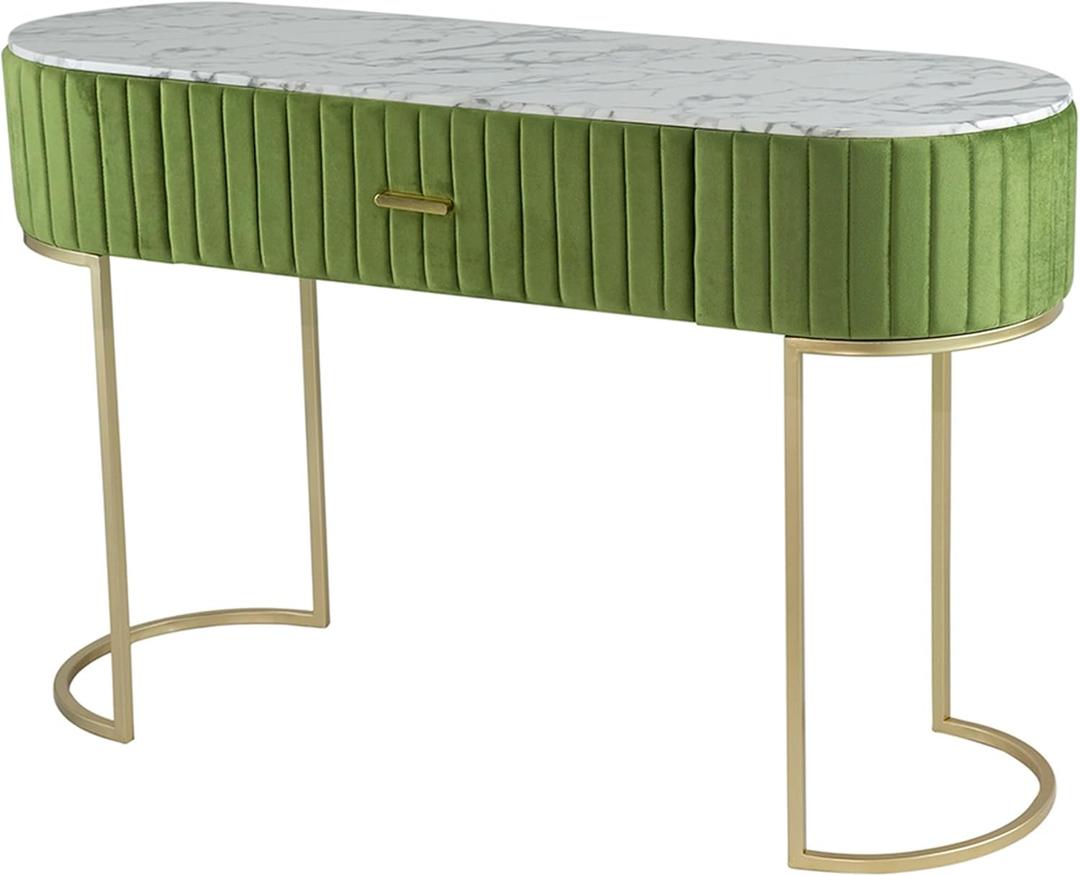 Benjara Jeah 47 Inch Console Table, 1 Drawer, Curved Iron Base, Fabric, Green, Gold and White