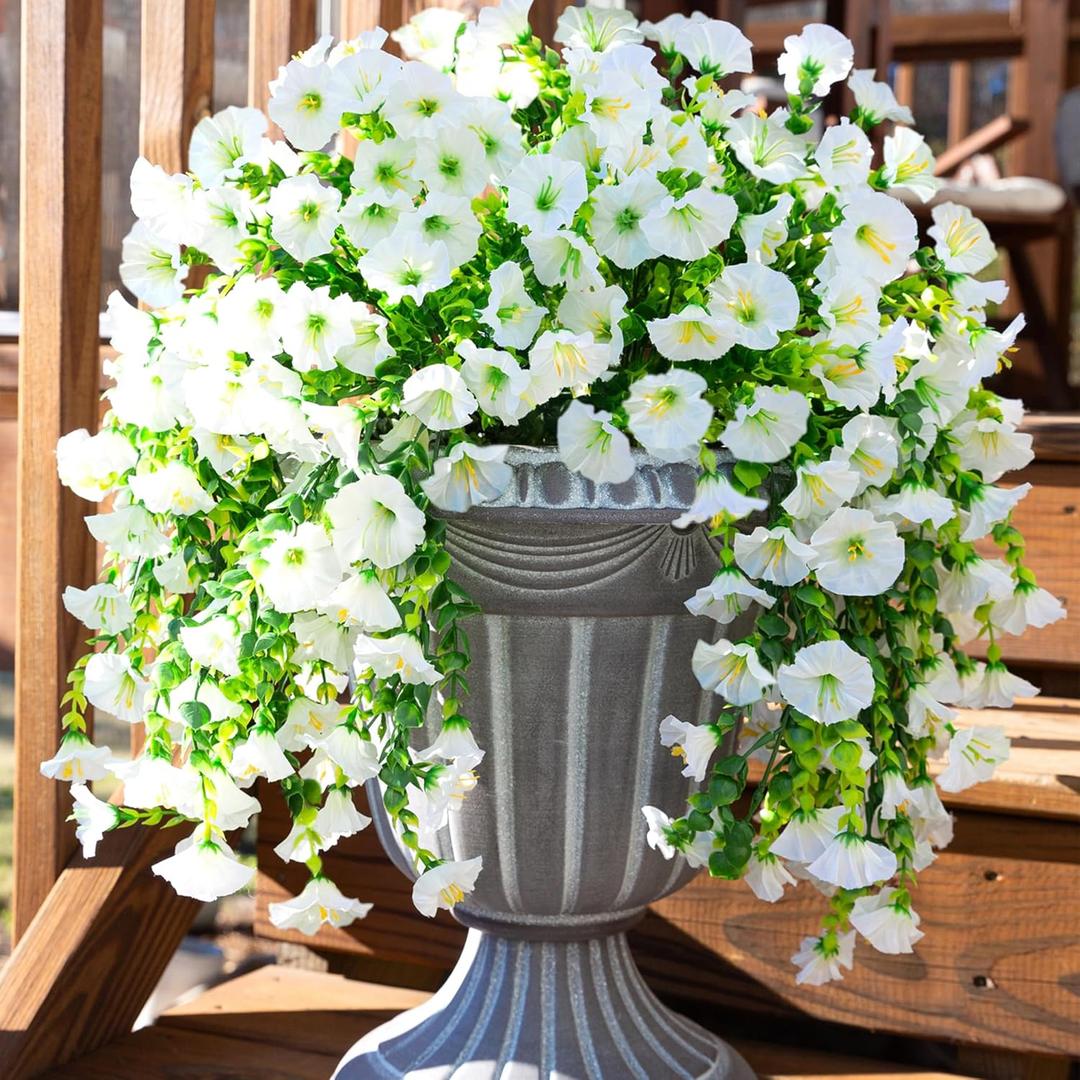 Ivydale Artificial Fall Hanging Flowers for Outdoor, 2 PCS Silk White Morning Glory Faux Flowers with Eucalyptus Leaves, UV Resistant Realistic Hanging Plants for Wedding Home Office Garden Decoration