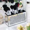 SHYFOY Mirrored Makeup Brush Holder Organizer, 3 Slot Glass Cosmetics Brushes Storage Holders with Crystal Crushed Diamond, Cute Pen and Pencil Holder for Desk, Eyeliners Display Case for Vanity (Silver)