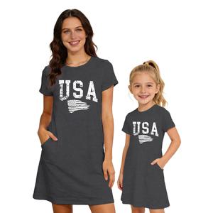 TIEEI 4th of July Dress Mother Daughter Matching Dresses 4th of July Short Sleeve Outfits (Gray)