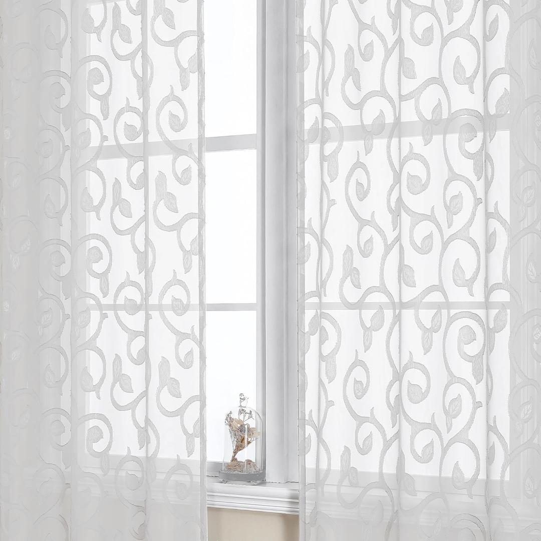 OWENIE Furman Sheer White Curtains 84 inches Long for Bedroom Living Room 2 Panels Set, White Curtains Jacquard Clip Light Filtering Semi Sheer Curtain Rod Pocket Window Drapes, Each 52Wx84L inch