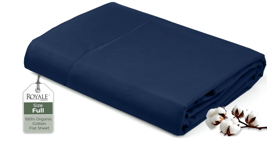 Royale Linens 100% Organic Cotton Full Flat Sheet Only - Super Soft - Percale Top Sheets - Full Flat Sheet Sold Separately - Breathable, Cool & Crisp Lake Blue Sheets Only (81" x 96", Navy Blue)