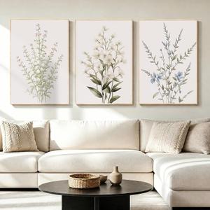 LAATOZ Neutral Framed Canvas Wall Art Flower Painting,Floral Boho Wall Decor for Living Room Bedroom Bathroom Office Hallway Stairs 16x24 Inch 3 Panels