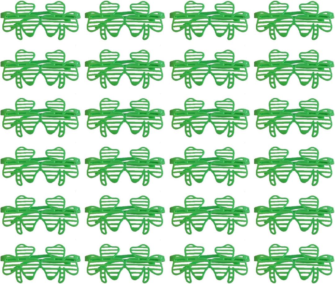 24 Pack St. Patrick's Day Shamrock Shutter Shades Glasses, Plastic Green Four Leaf Clover Eyeglasses Frames For St. Patrick's Day Party Costume Accessories, Irish Festival Photo Booth Prop