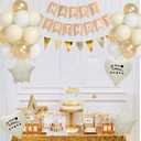 White And Golden Birthday Decorations, Sand Birthday Banner, Flag Banner, White Gold Sand Balloons, Love Star Foil Balloons With Stickers, Birth-day Card And Cake Topper For Party Decor