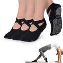 Ozaiic Pilates Socks for Women Non Slip Grip, Yoga Socks with Grippers for Barre, Hospital, Ballet, Dance, Barefoot Workout (One Size, 3 Pairs of Black)