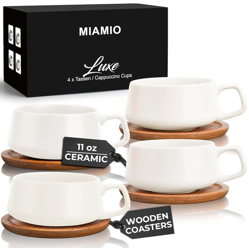 MIAMIO – 11 Oz., Set of 4 Ceramic Tea Cup and Saucer Bamboo/Tea Mug - Wide Cappuccino Cup, Coffee Cups Ceramic Mug for Cappuccino, Latte, Espresso & Americano - Luxe Collection (White)