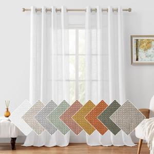 HOMEIDEAS White Linen Sheer Curtains, Linen Textured Semi Sheer Curtains 96 Inches Long, Farmhouse Light Filtering Privacy Window Drapes for Bedroom Living Room, 2 Panels, W52 x L96