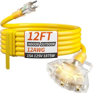 PlugSaf 12 FT 12/3 Gauge Outdoor Extension Cord with Multiple Outlets Light Indicator, Flexible 3 Outlet Weatherproof Heavy Duty Extension Cord Waterproof Yellow, 15A 1875W 12AWG SJTW, ETL Listed