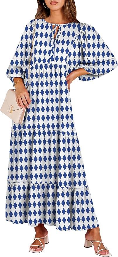 ANRABESS Womens Boho Maxi Dresses 2026 Summer V Neck Puff Sleeve Floral Flowy Swing Fall Casual Long Dress, L