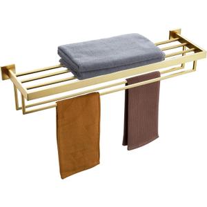 KOKOSIRI 32'' Towel Shelf Holder Bathroom Towel Rack with Two Bath Towel Bars Rails SUS304 Stainless Steel Wall Mount, Brushed Gold B6003BG-L32