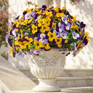16 Pcs Artificial Pansy Flowers for Outdoor Faux Silk Spring Flowers for Outside, UV Resistant Realistic Pansies for Window, Front Door, Porch and Home Decor (16, Purple, Yellow, White, Light Purple)