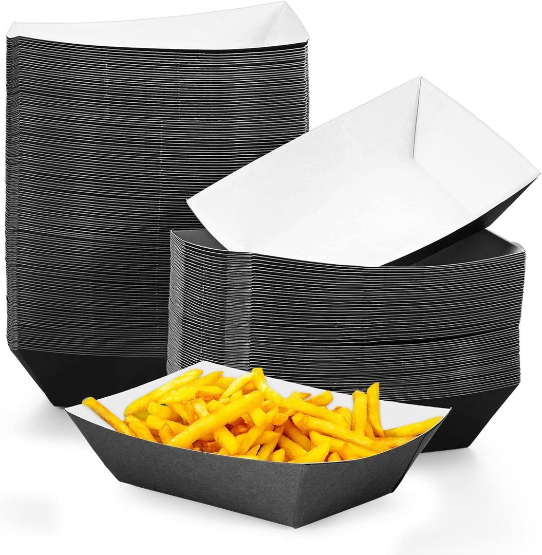 Yinkin 100 Pcs 2lb Paper Food Trays Boat 2lb Disposable Nacho Trays Kraft Paper Boat for Tacos Concession Easter Graduation Birthday Wedding Christmas Halloween Valentine Party Supplies(Black)