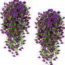 Fanfantoey Artificial Hanging Flowers for Outdoors, 2Pcs UV Resistant Fake Flowers, Realistic Faux Petunias Silk Long Vines Morning Glory Eucalyptus for Outside Planter Porch Patio Home Decor, Purple