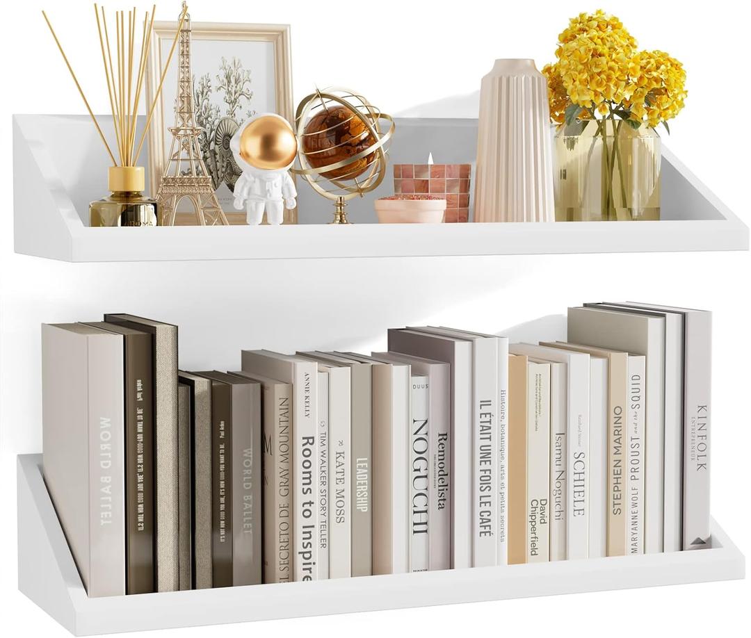 SRIWATANA Floating Shelves Large Set of 2, 24 Inch Wide Wall Shelves Wood Shelves Wall Mounted for Wall Decor in Bedroom, Living Room, Bathroom, Kitchen, and Office (White)