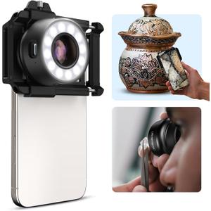 APEXEL 120X Phone Microscope Lens, Jewelers Loupe Magnifier with Eyecup/Illuminated LED Light/Universal Clip, Compatible with iPhone/Android Gems, Jewelry, Coins, Portable Mini Pocket Microscope