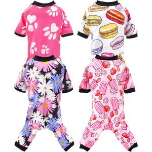 PET SHOW 4 Pack Small Dog Pajamas for Medium Dogs Girl Soft Stretchy PJs Paw Floral Jumpsuit Puppy Doughnut Ice Cream Onesies Outfits with Sleeve Pets Breathable Summer Clothes Costume L