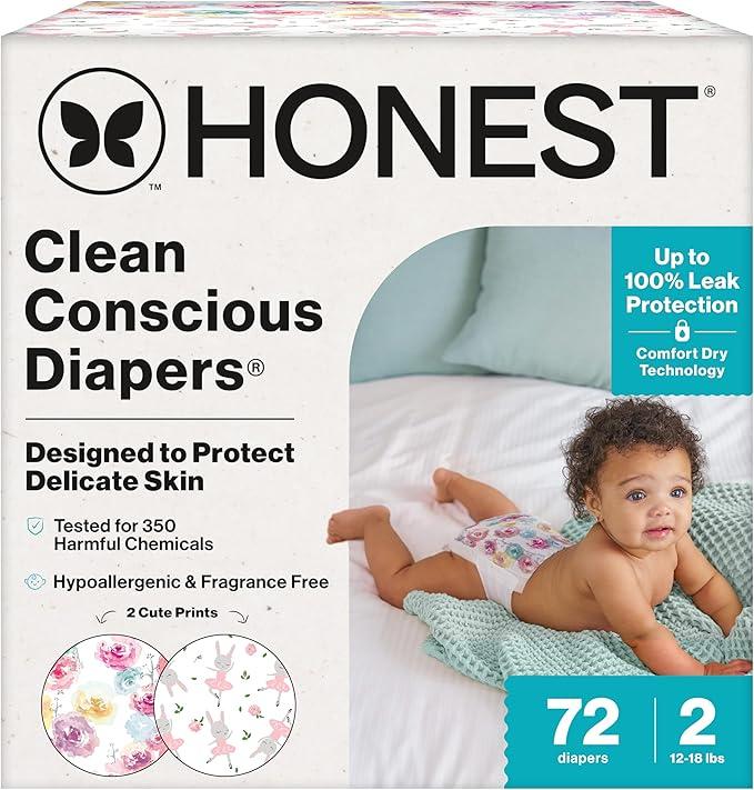 The Honest Company Comfort Dry Diapers, Hypoallergenic, FragranceFree, Sensitive Skin, Rose Blossom + Tutu Cute, Club Box Size 2 (12–18 lbs), 72 Count