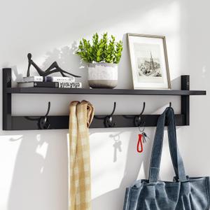 BAMEOS Wall-Mounted Shelf with Hooks - 28.9 Inch Entryway Hanging Shelf with 5 Dual Hooks for Bathroom, Living Room, Bedroom (Black)