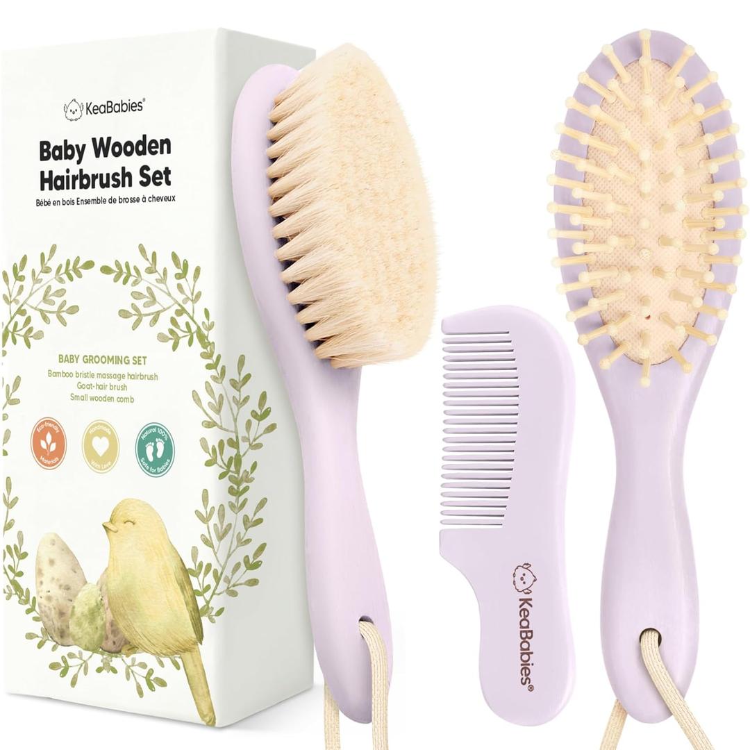 Baby Hair Brush Set for Newborns - Soft Goat Bristle Wooden Baby Brush and Comb Set Newborn Grooming Kit for Cradle Cap, Durable & Gentle, Boy, Girl Infant Essentials Care Kit (Regular, Thistle)