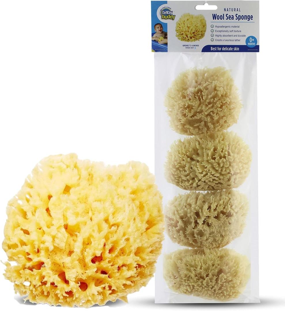 Baby Buddy Absorbent Natural Bath Sponge, Ultra Soft Premium Sea Wool Sponge, Soft on Baby's Tender Skin, Bath Accessories Baby and Kids, Infant Bath, Biodegradable, Hypoallergenic 4 Pack, Brown, 4in