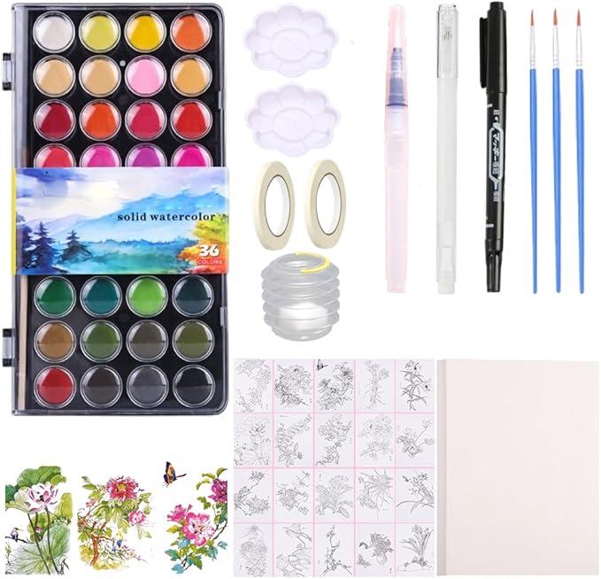 RGBMIX 36 Colors Watercolor Paint with 8''x12'' 20pcs Flower Watercolor Paper Pad, 6''x8'' 20pcs Blank Watercoloring Paper Stress-Relief Painting Art Supplies Set