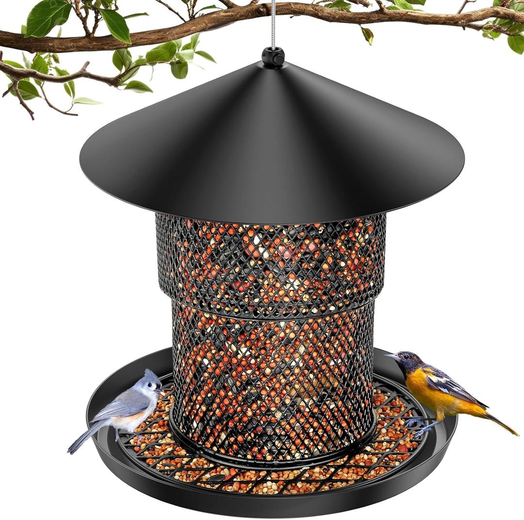 Bird Feeder for Outdoor Hanging, No Mess No Spill and Squirrel Proof Feeder | Squirrel Proof Bird Feeder with Catch Tray - Large Capacity All-Metal for Outside Hanging