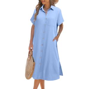 Zeagoo Women Dresses Summer Casual Short Sleeve Button Down Shirt Dresses 2025 Beach Cover Up with Pockets (Large, Light Blue)