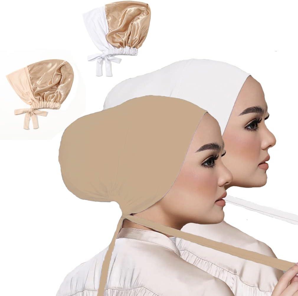 Women Under Scarf Hat Hijab Undercap Islamic Muslim Under Scarf Hijab Cap with Tie-Back Closure (White2+beige2)