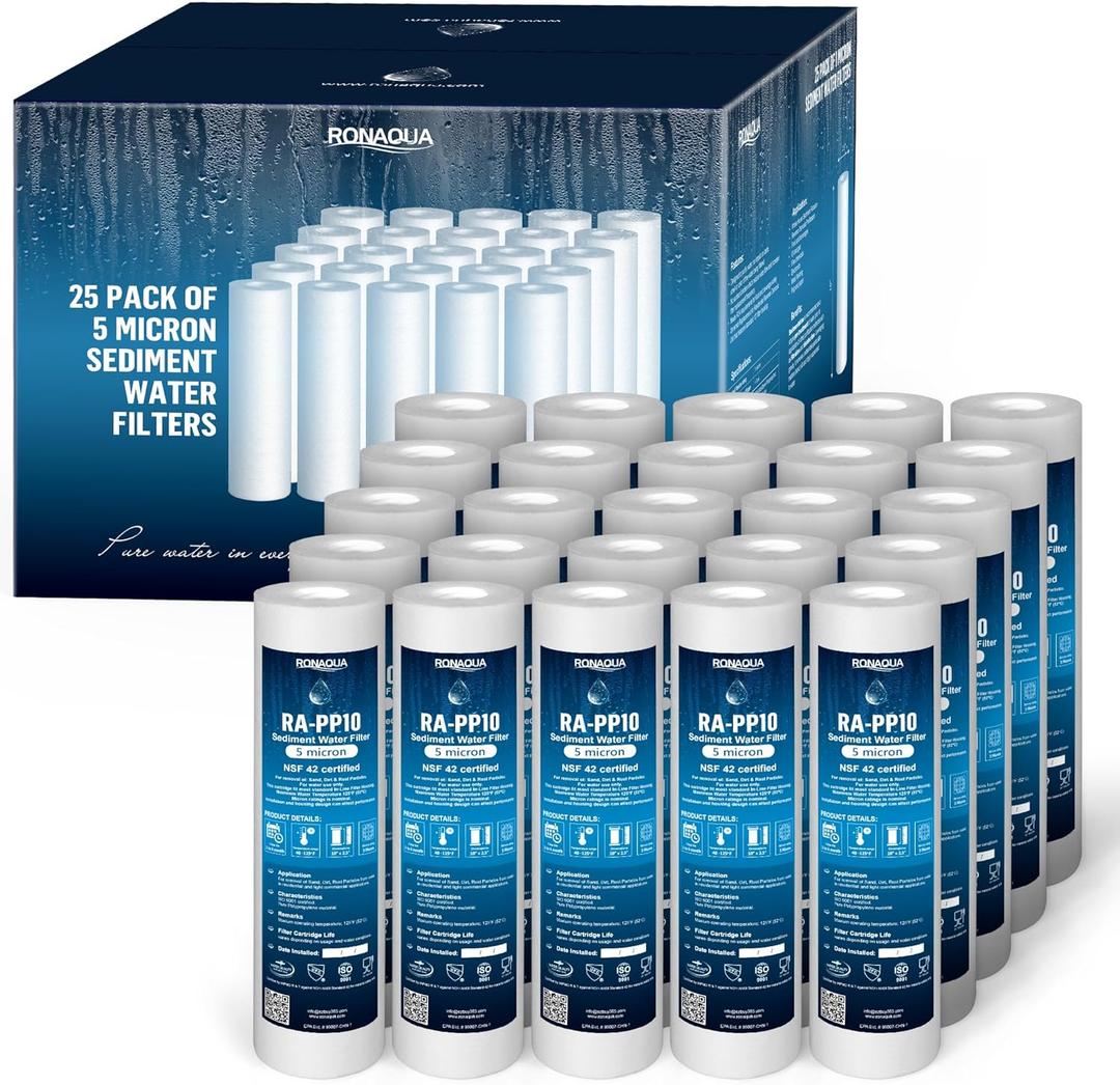 Ronaqua 5 Micron Sediment Water Filter Cartridge 10"x2.5", NSF Certified, 4-Layer Filtration for any 10-inch RO Units & Whole House Systems, Compatible with Culligan P5, AP110, WHKF-GD05, 25 Pack