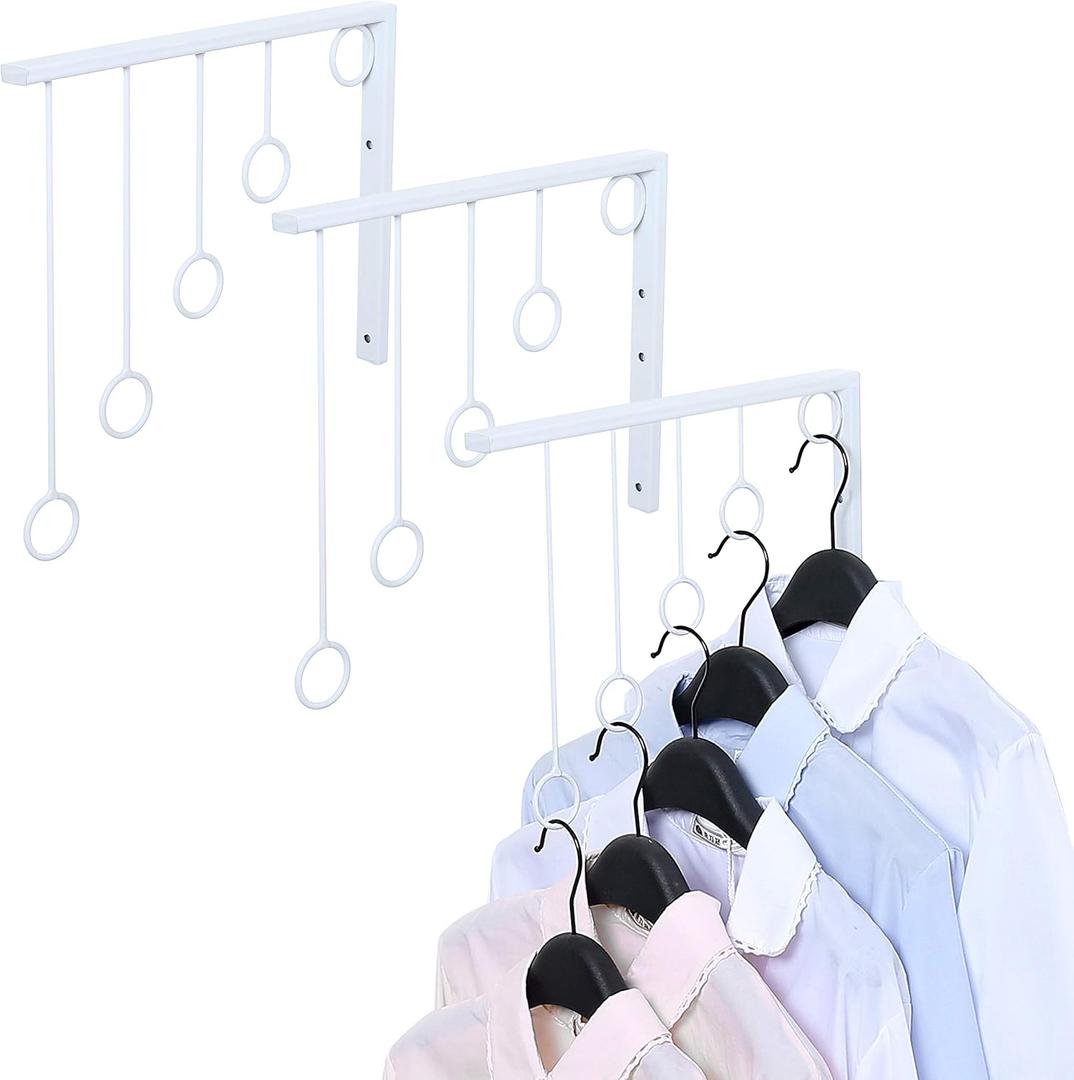 MyGift 3 Pack Wall Mounted White Metal Garment Rack with 5 Hanging Rings, Sturdy for Clothing Display, Retail Clothing Organizer, Wall Hanger for Clothes, Coat Hanger for Entryway, Mudroom, Bedroom