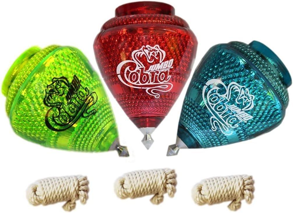 3 Pack Jumbo Cobra Durable Plastic Spin Tops for Kids Metal Tip Made in Mexico - Trompo Mexicano Jumbo Cobra Plico Durable & Punta de Metal (Pack of 3 Assorted Colors)