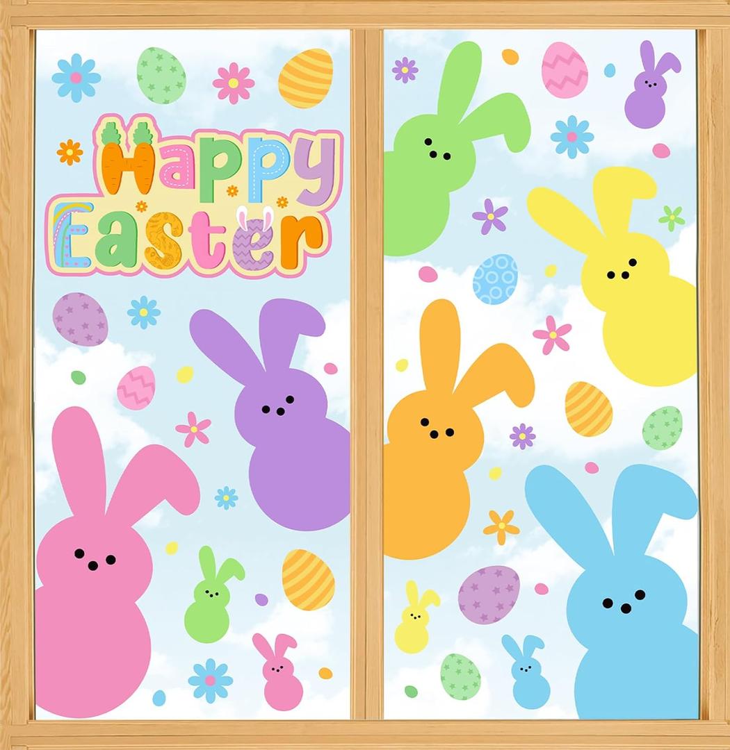 JarThenaAMCS 9 Sheets Happy Easter Window Clings Cute Cartoon Bunny Rabbit Egg Floral Window Decals Double-Sided Hip Hop Glass Stickers for Spring Home Office Classroom Shop Display Decor