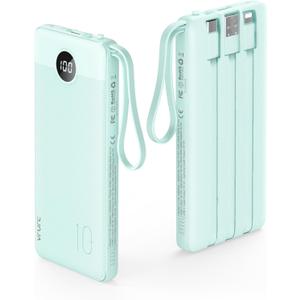 VRURC Portable Charger Power Bank, 10000mAh Travel Essentials Battery Pack, 5 Outputs 2 Inputs Slim Charging Bank Built-in Cables Cords Wires Compatible with iPhone,Samsung,Android-Green(1 Pack)