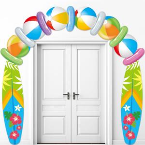 Beach Ball Surfboard Porch Banner Summer Birthday Decorations Pool Party Banner Backdrop, Beach Themed Door Hanging Porch Sign Decor for Hawaii Tropical Party Supplies Luau Photo Booth Props Outdoor