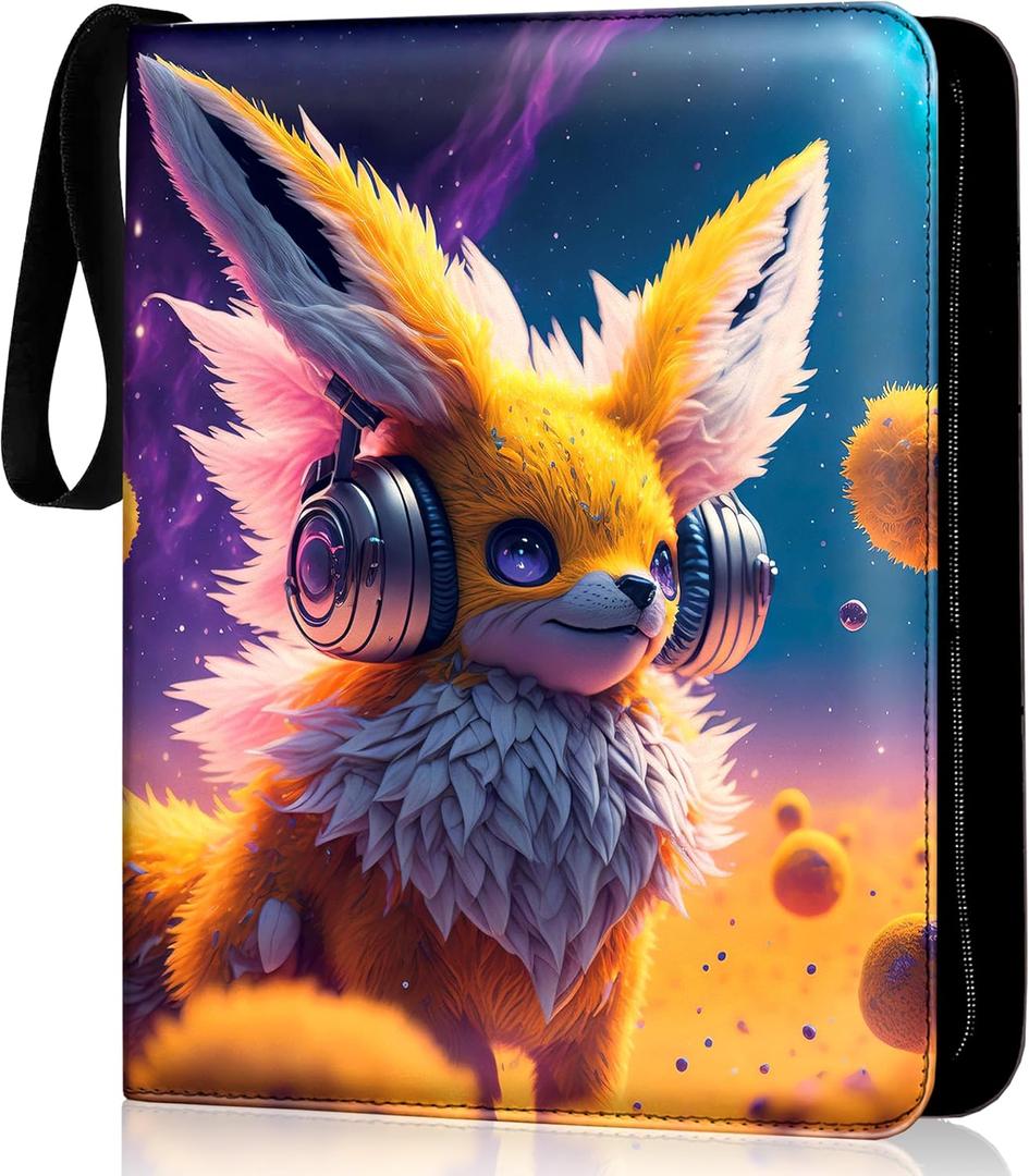 Trading Card Binder,9 Pocket Slots For Cards, Double Sided Sheet, Anti-Slip Pockets, Card Binder For Collectibles, Card Holder with Zipper, Fits Standard Size Cards,Creature Designed Purple and Yellow