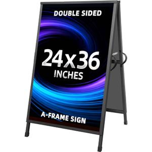 Heavy Duty Slide-in Folding Sandwich Board A-Frame Sidewalk Sign 24x36 Inch Black Coated Steel Metal Double-Sided Pavement Sign (2 Corrugated Plastic Poster Board)