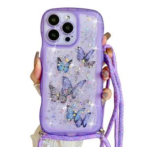 Yzniyzce Crossbody Case for iPhone 16 Pro with Detachable Lanyard, Hands-Free Bling Glitter Silicone Clear Cute Butterfly Curly Wave Woman Girls Cover with Adjustable Necklace Rope, Purple
