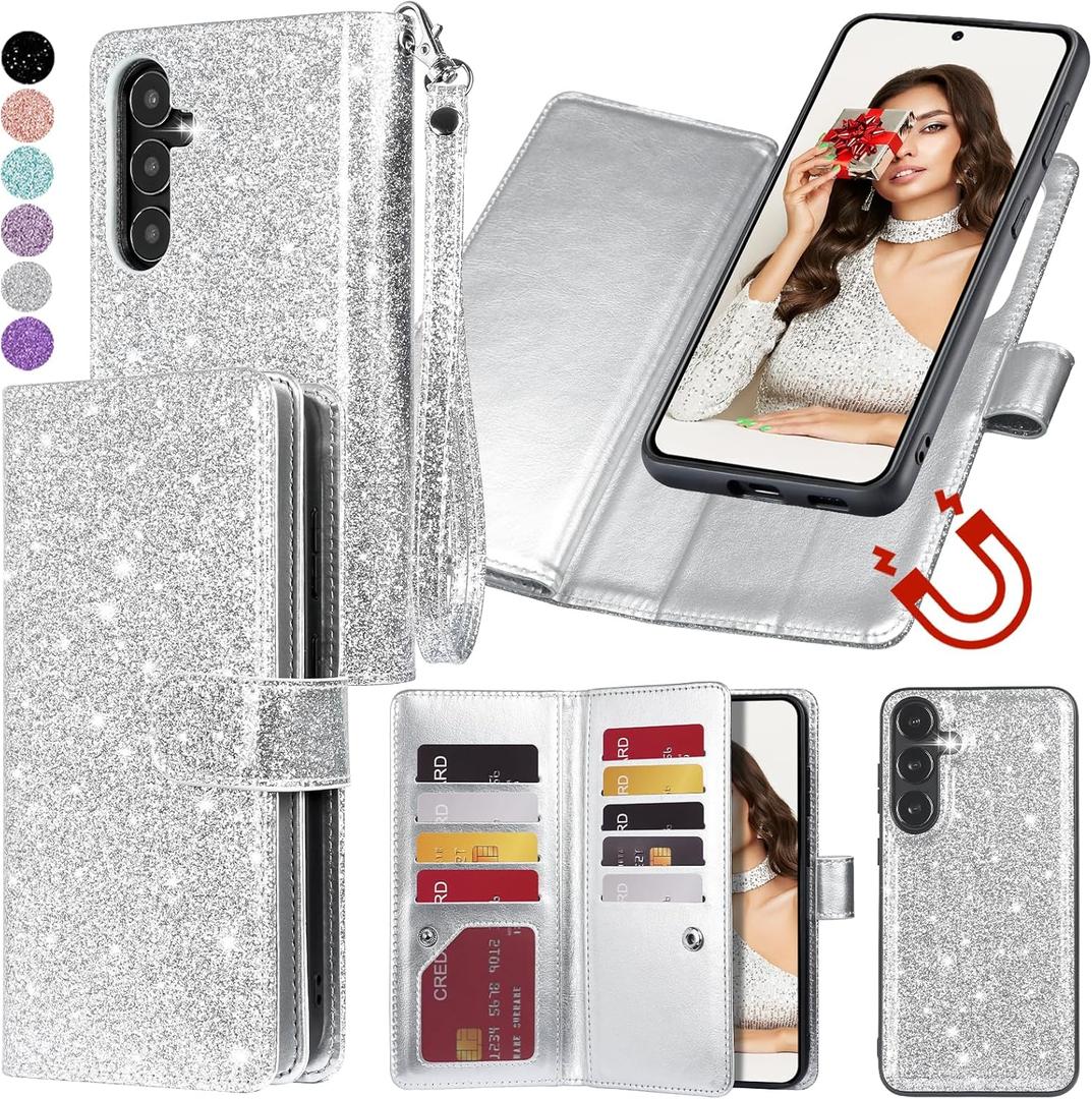 Varikke for Galaxy S24 FE Wallet Case Detachable with Card Holder for Women, Fashion PU Glitter Leather Strap Magnetic Flip Wallet Removable Phone Case Cover for Samsung Galaxy S24 FE 5G 6.7", Silver